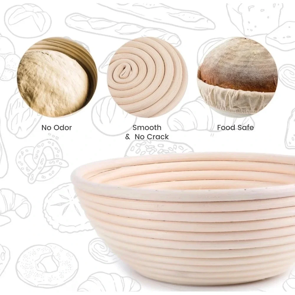 Set of 2 Round Rattan Bread Proofing Banneton‎ Baskets with Linen Liners Natural